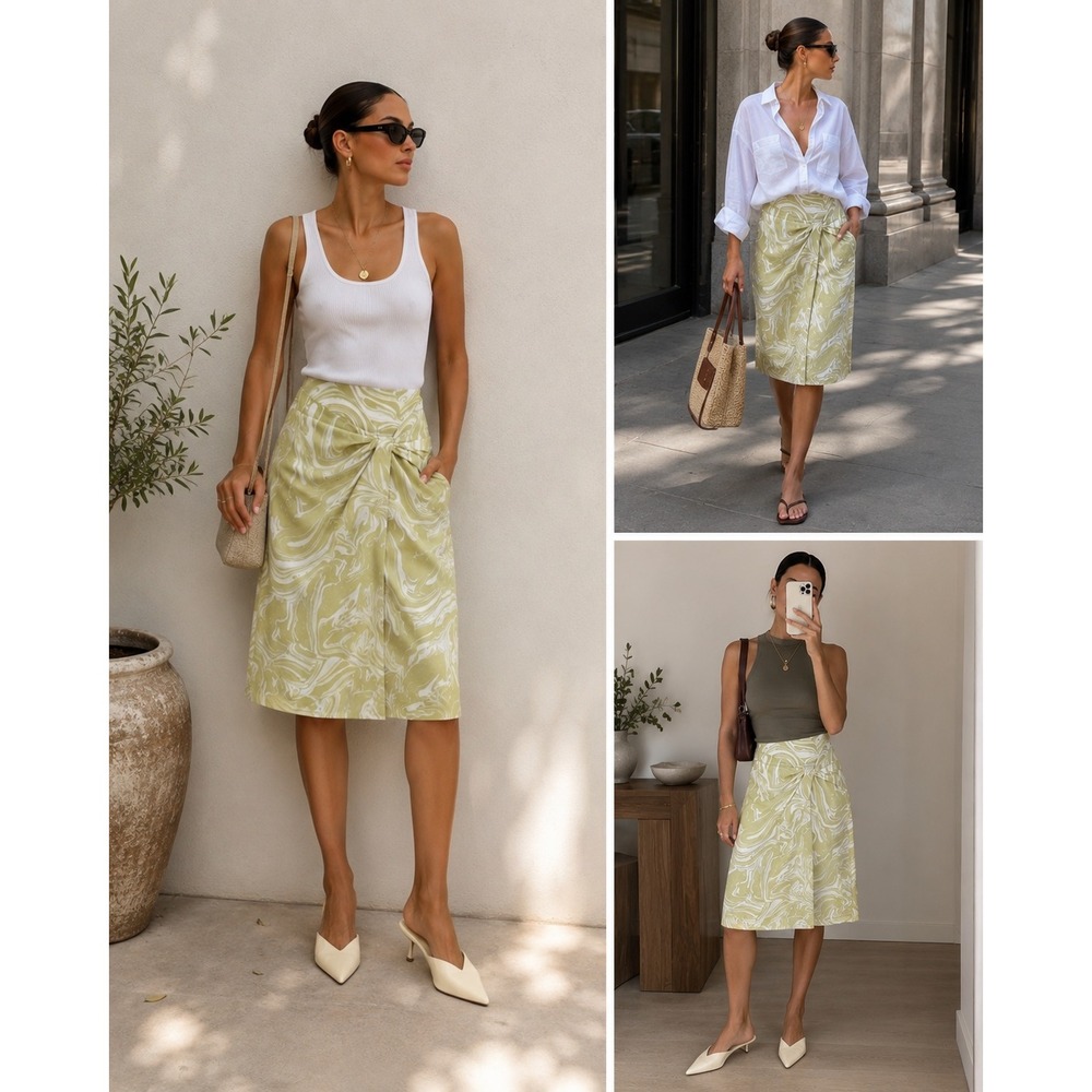 Jonathan Simkhai "Cactus Painted Marble" Swirl Knot Front Midi Skirt 70's Inspo